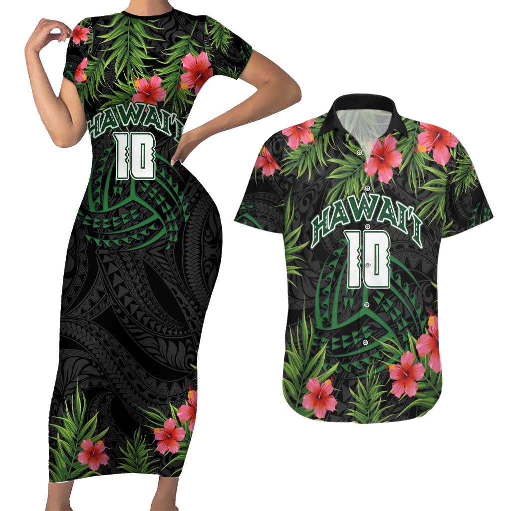 Custom Hawaii Volleyball Couples Matching Short Sleeve Bodycon Dress and Hawaiian Shirt Kakau Abstract and Tropical Plants Black Color LT03 Black - Polynesian Pride