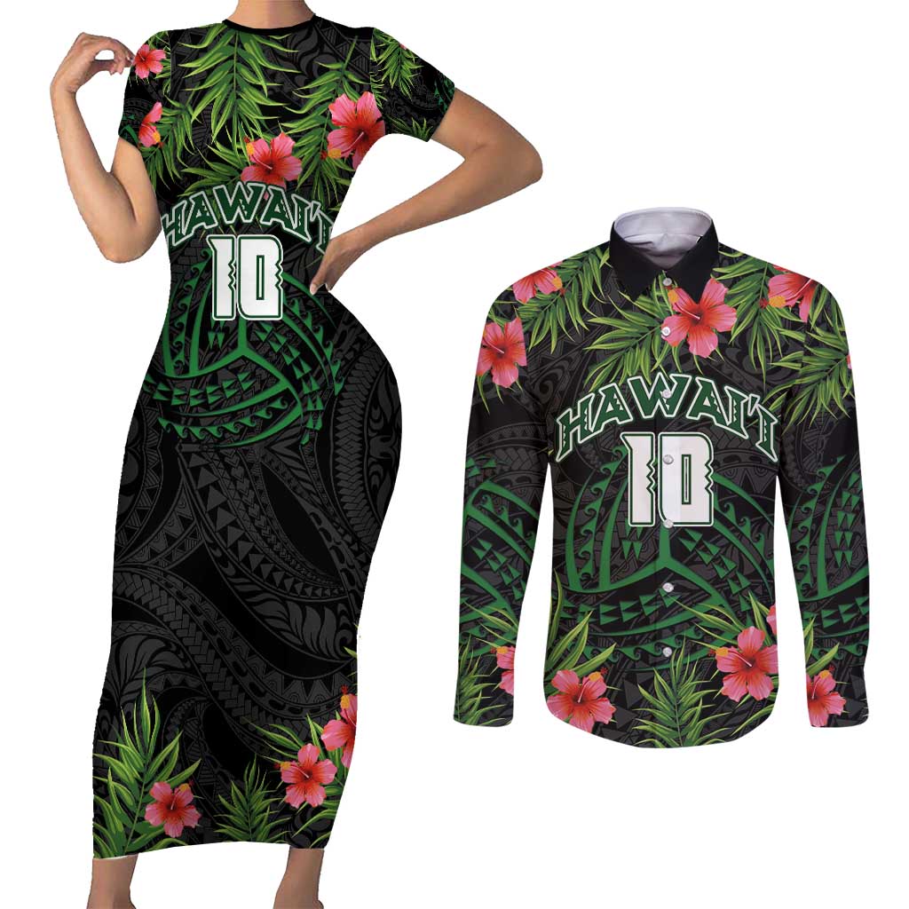 Custom Hawaii Volleyball Couples Matching Short Sleeve Bodycon Dress and Long Sleeve Button Shirt Kakau Abstract and Tropical Plants Black Color LT03 Black - Polynesian Pride