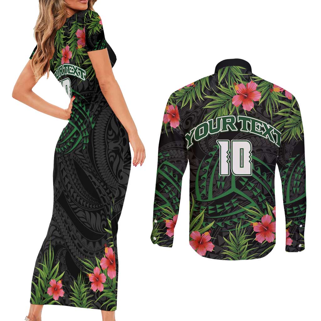 Custom Hawaii Volleyball Couples Matching Short Sleeve Bodycon Dress and Long Sleeve Button Shirt Kakau Abstract and Tropical Plants Black Color LT03 - Polynesian Pride