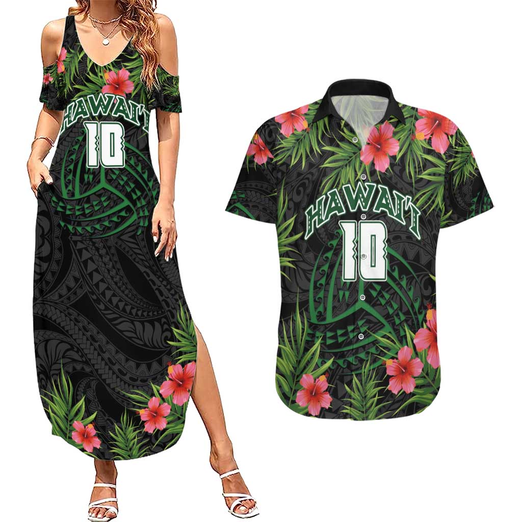 Custom Hawaii Volleyball Couples Matching Summer Maxi Dress and Hawaiian Shirt Kakau Abstract and Tropical Plants Black Color LT03 Black - Polynesian Pride