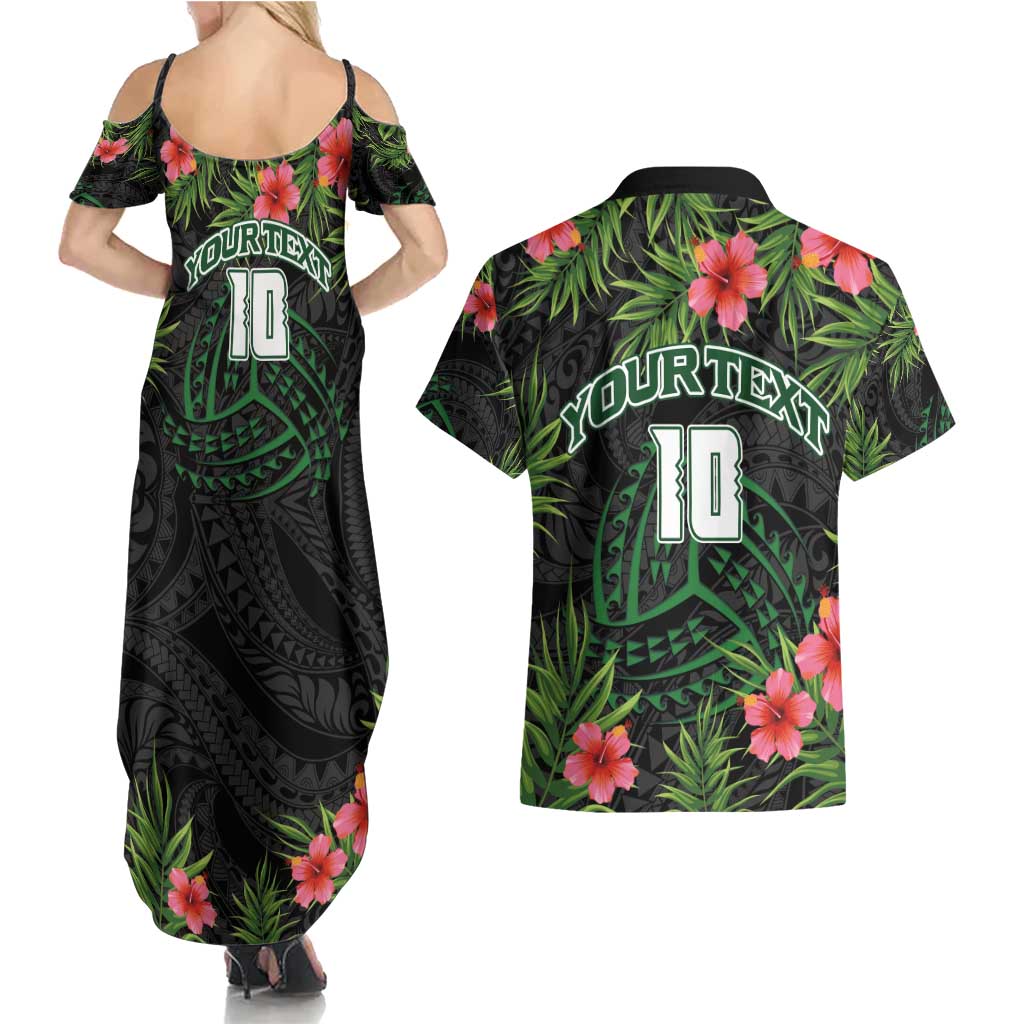 Custom Hawaii Volleyball Couples Matching Summer Maxi Dress and Hawaiian Shirt Kakau Abstract and Tropical Plants Black Color LT03 - Polynesian Pride