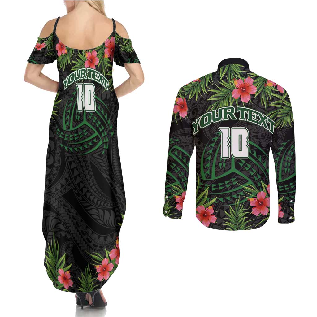 Custom Hawaii Volleyball Couples Matching Summer Maxi Dress and Long Sleeve Button Shirt Kakau Abstract and Tropical Plants Black Color LT03 - Polynesian Pride