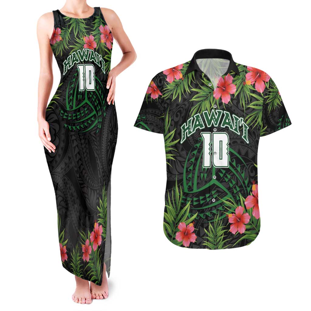 Custom Hawaii Volleyball Couples Matching Tank Maxi Dress and Hawaiian Shirt Kakau Abstract and Tropical Plants Black Color LT03 Black - Polynesian Pride