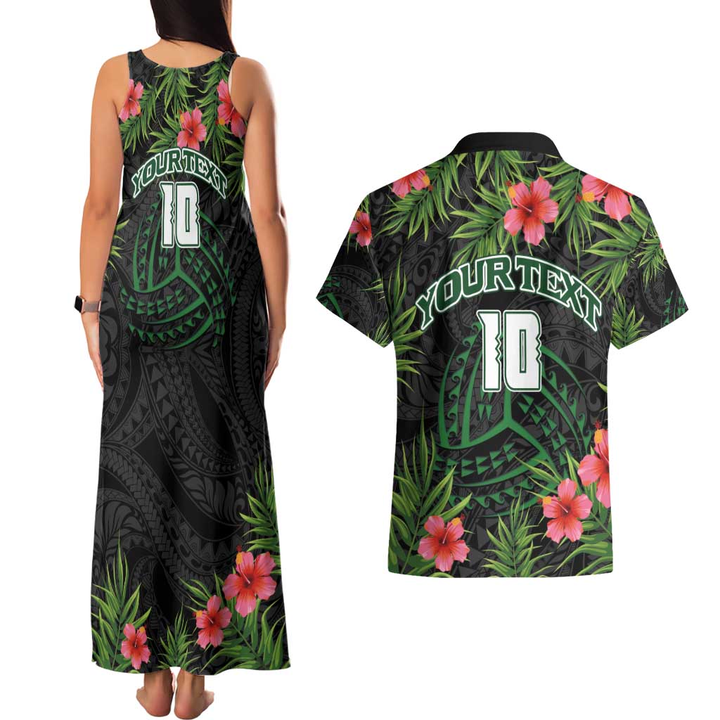 Custom Hawaii Volleyball Couples Matching Tank Maxi Dress and Hawaiian Shirt Kakau Abstract and Tropical Plants Black Color LT03 - Polynesian Pride