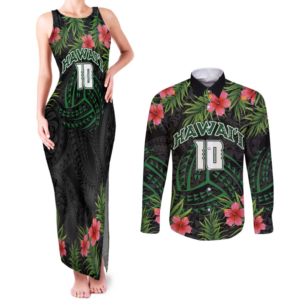 Custom Hawaii Volleyball Couples Matching Tank Maxi Dress and Long Sleeve Button Shirt Kakau Abstract and Tropical Plants Black Color LT03 Black - Polynesian Pride