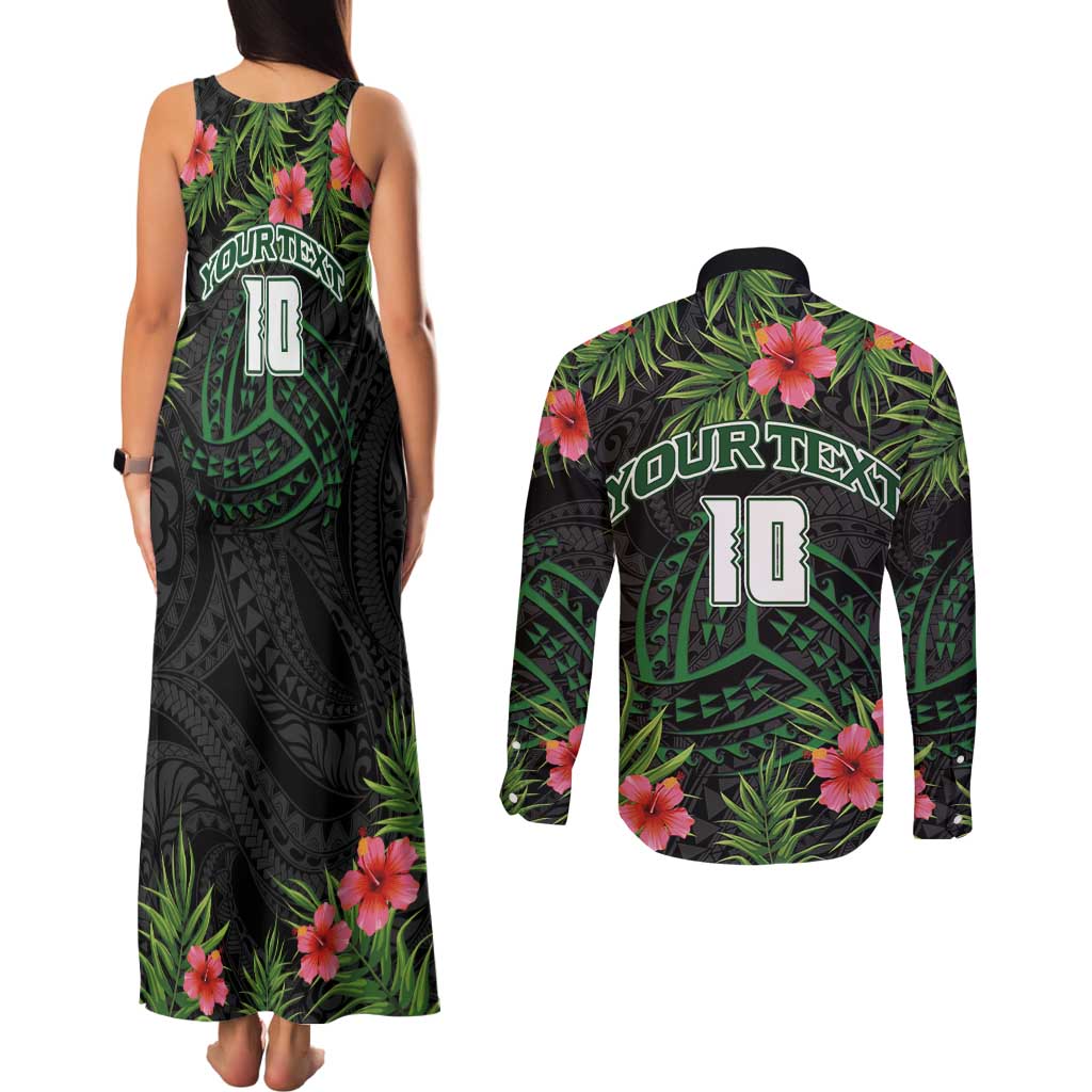 Custom Hawaii Volleyball Couples Matching Tank Maxi Dress and Long Sleeve Button Shirt Kakau Abstract and Tropical Plants Black Color LT03 - Polynesian Pride