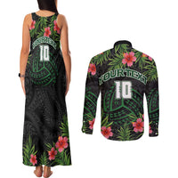 Custom Hawaii Volleyball Couples Matching Tank Maxi Dress and Long Sleeve Button Shirt Kakau Abstract and Tropical Plants Black Color LT03 - Polynesian Pride