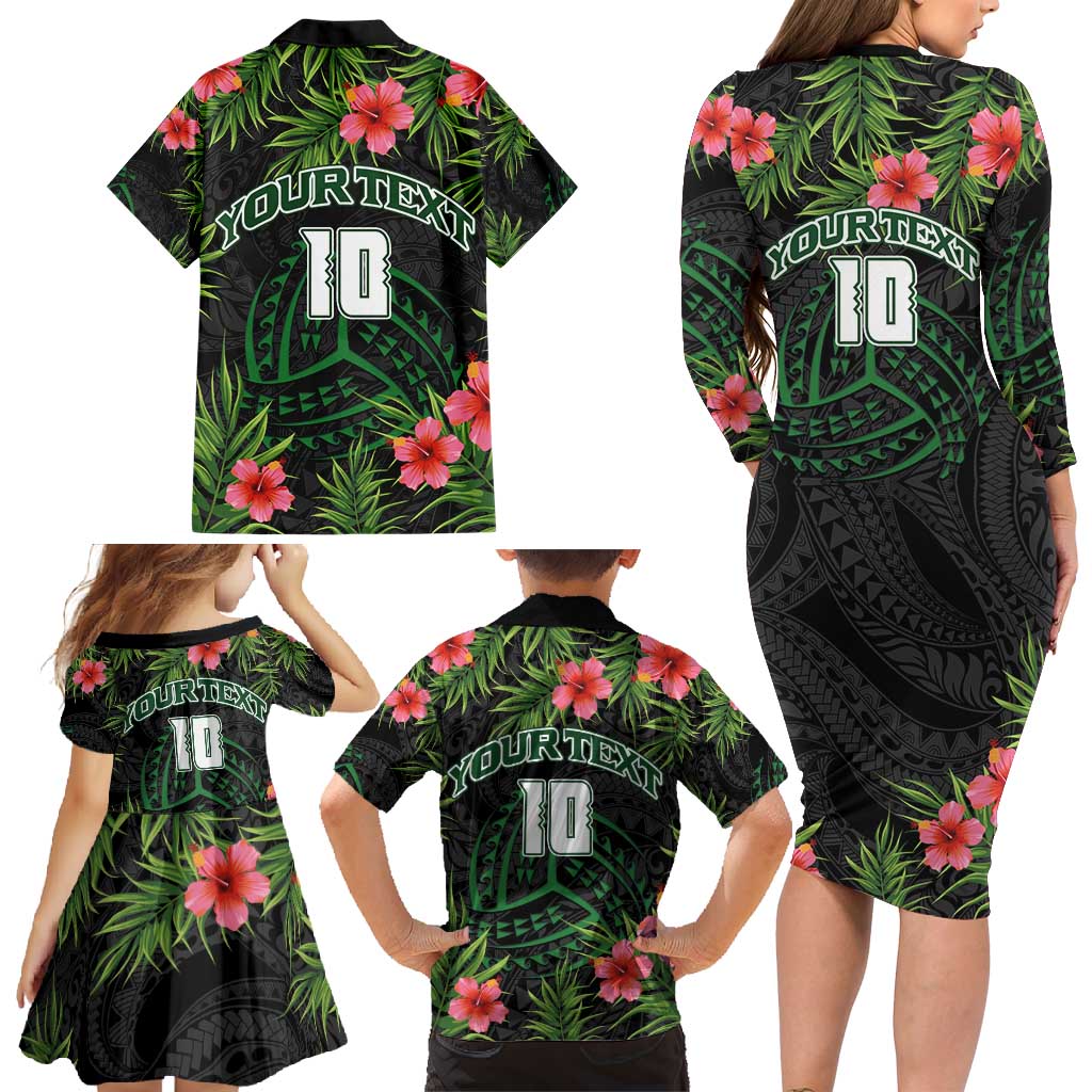Custom Hawaii Volleyball Family Matching Long Sleeve Bodycon Dress and Hawaiian Shirt Kakau Abstract and Tropical Plants Black Color LT03 - Polynesian Pride