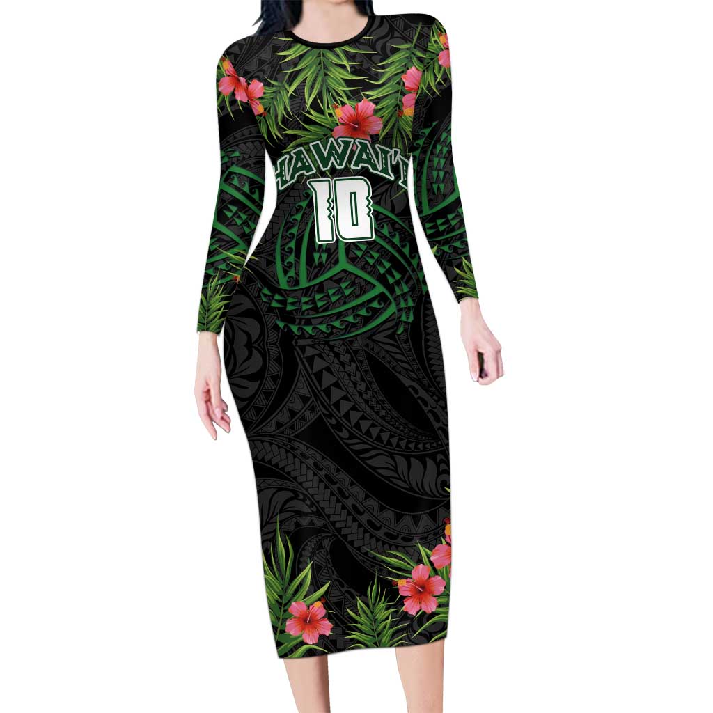 Custom Hawaii Volleyball Family Matching Long Sleeve Bodycon Dress and Hawaiian Shirt Kakau Abstract and Tropical Plants Black Color LT03 Mom's Dress Black - Polynesian Pride