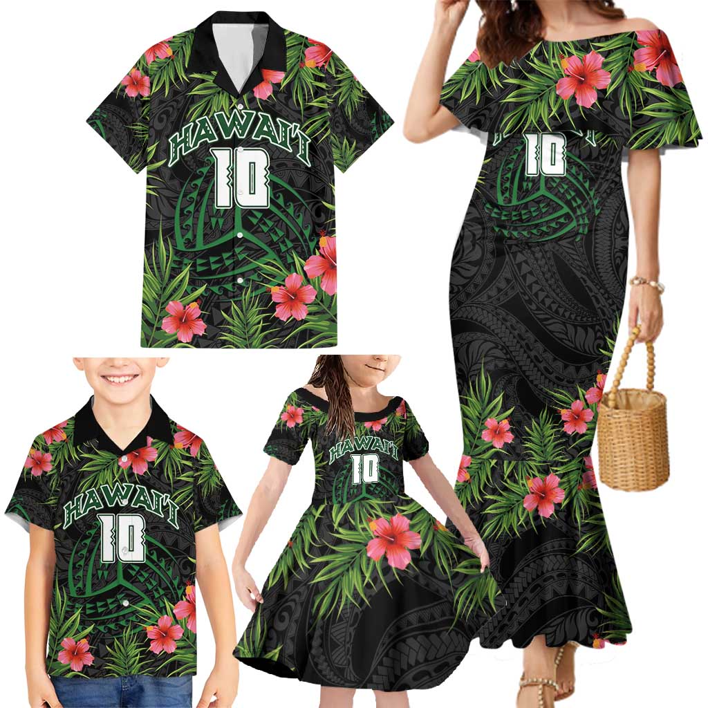 Custom Hawaii Volleyball Family Matching Mermaid Dress and Hawaiian Shirt Kakau Abstract and Tropical Plants Black Color LT03 - Polynesian Pride