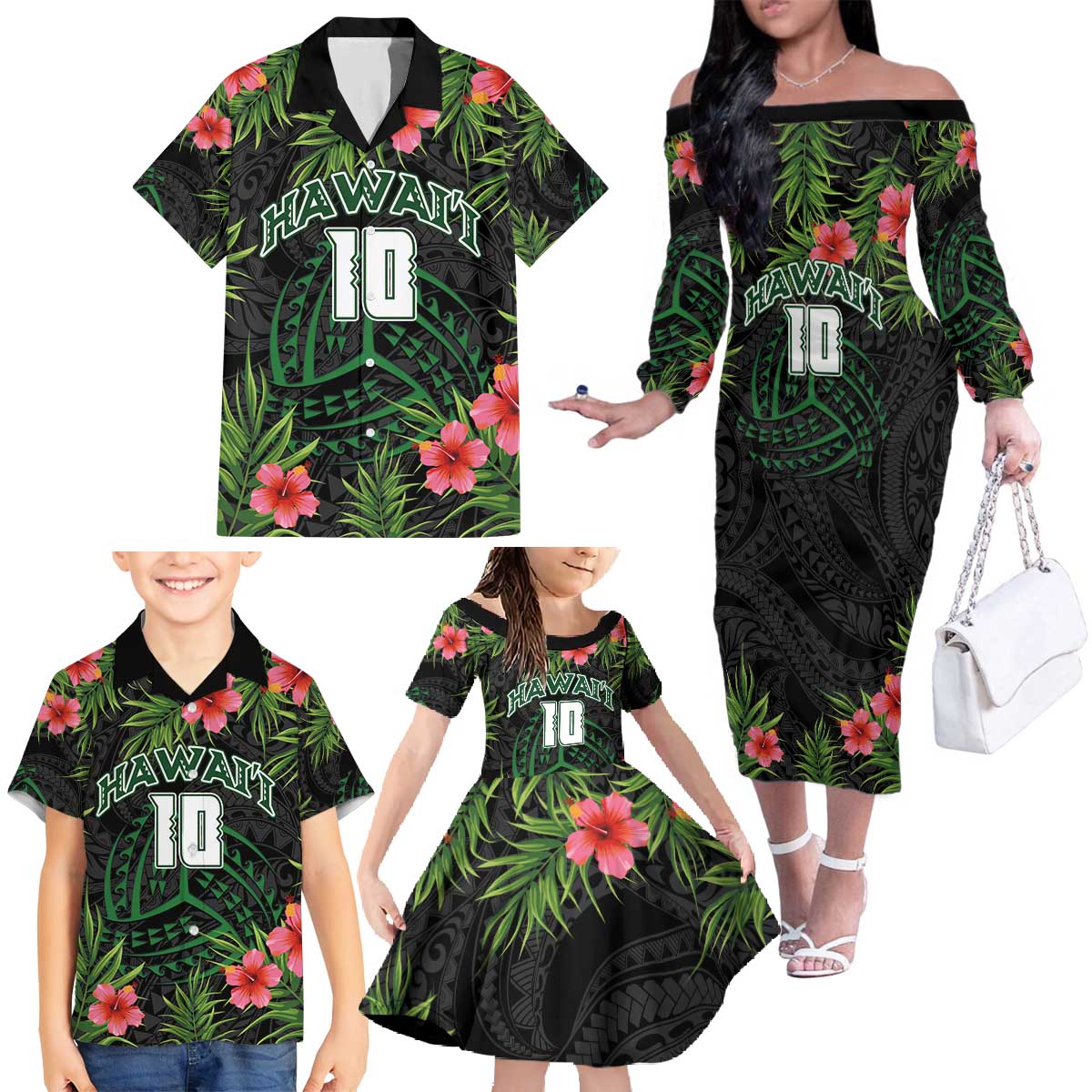 Custom Hawaii Volleyball Family Matching Off The Shoulder Long Sleeve Dress and Hawaiian Shirt Kakau Abstract and Tropical Plants Black Color LT03 - Polynesian Pride