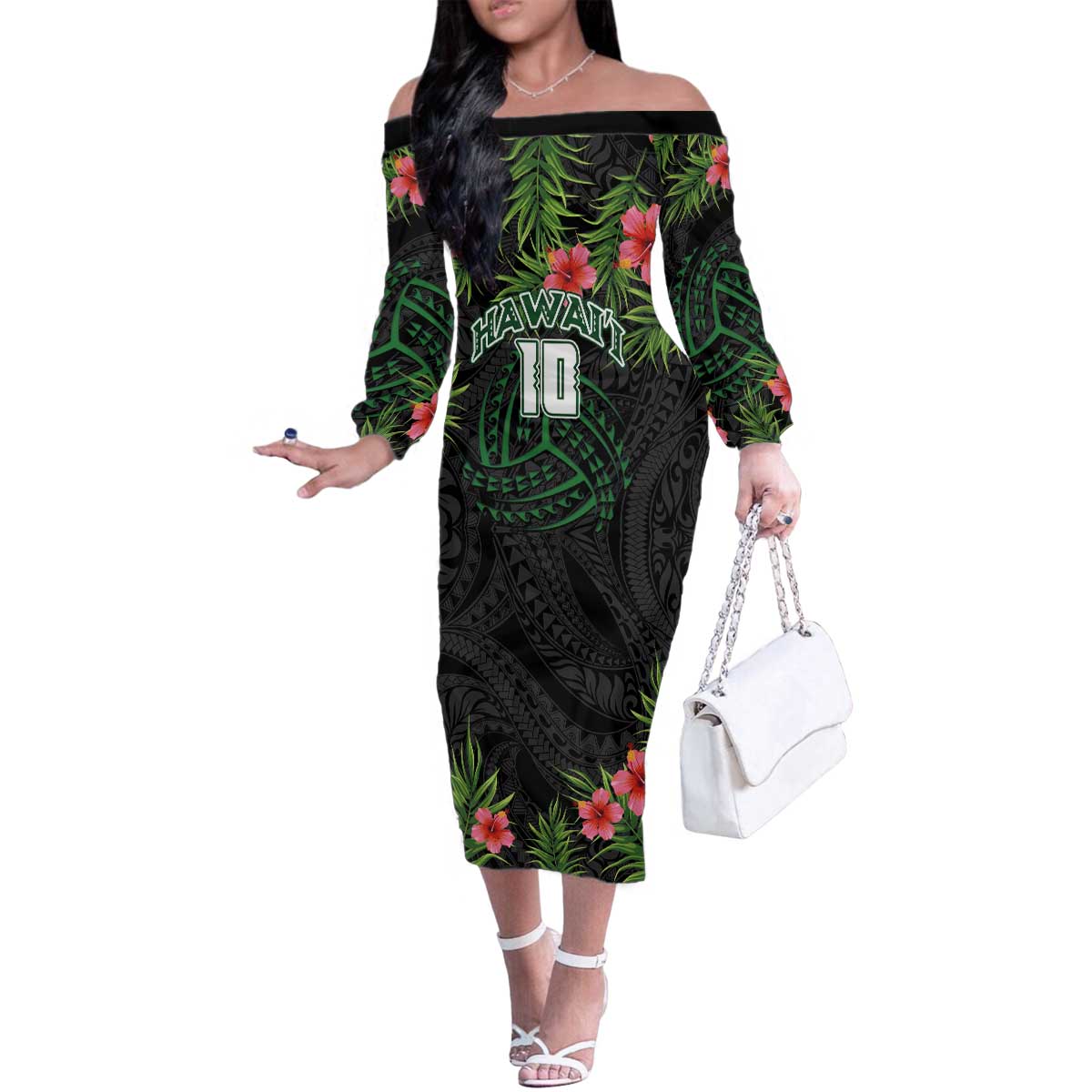 Custom Hawaii Volleyball Family Matching Off The Shoulder Long Sleeve Dress and Hawaiian Shirt Kakau Abstract and Tropical Plants Black Color LT03 Mom's Dress Black - Polynesian Pride