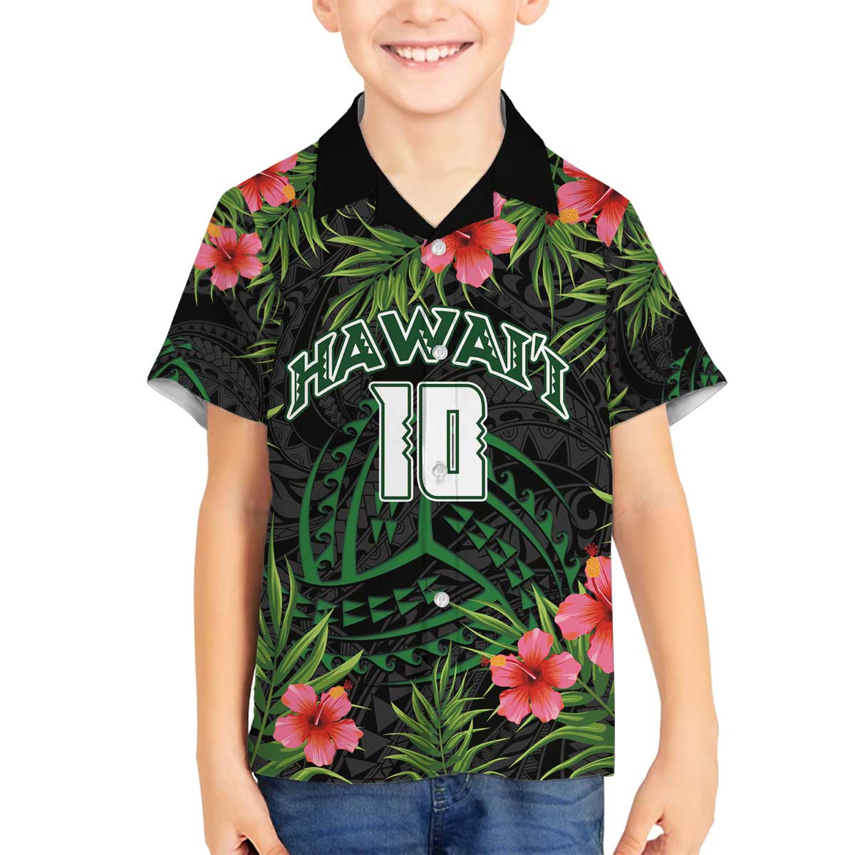 Custom Hawaii Volleyball Family Matching Off The Shoulder Long Sleeve Dress and Hawaiian Shirt Kakau Abstract and Tropical Plants Black Color LT03 Son's Shirt Black - Polynesian Pride