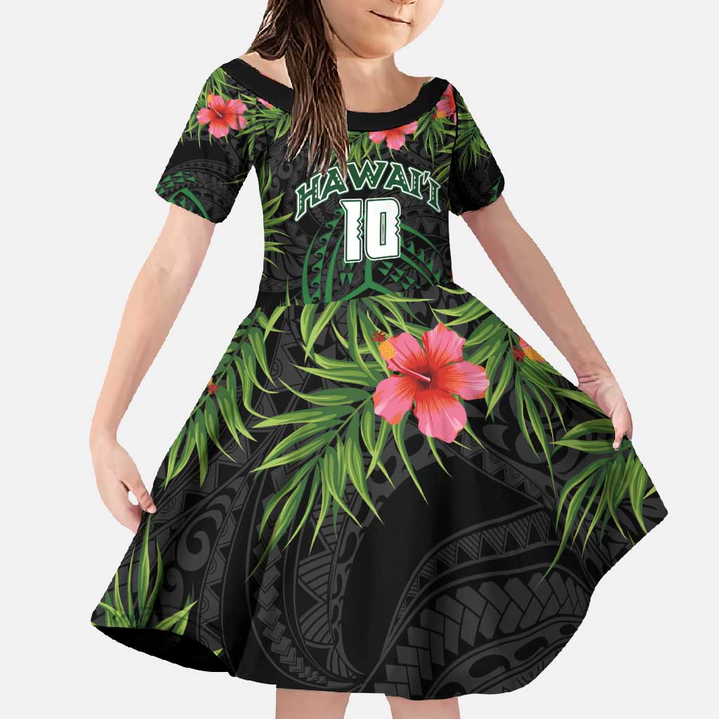 Custom Hawaii Volleyball Family Matching Off Shoulder Maxi Dress and Hawaiian Shirt Kakau Abstract and Tropical Plants Black Color LT03 Daughter's Dress Black - Polynesian Pride