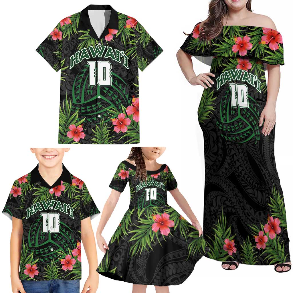 Custom Hawaii Volleyball Family Matching Off Shoulder Maxi Dress and Hawaiian Shirt Kakau Abstract and Tropical Plants Black Color LT03 - Polynesian Pride