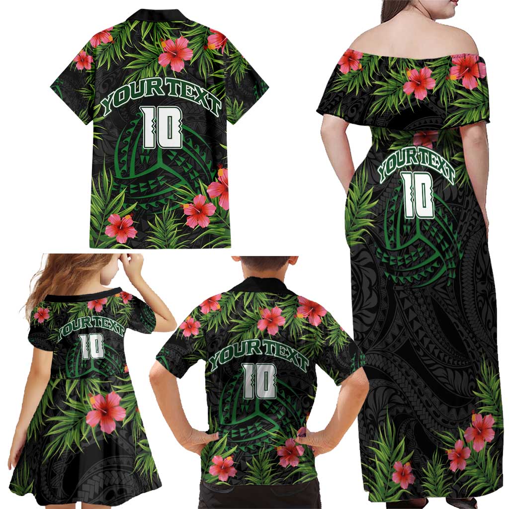 Custom Hawaii Volleyball Family Matching Off Shoulder Maxi Dress and Hawaiian Shirt Kakau Abstract and Tropical Plants Black Color LT03 - Polynesian Pride