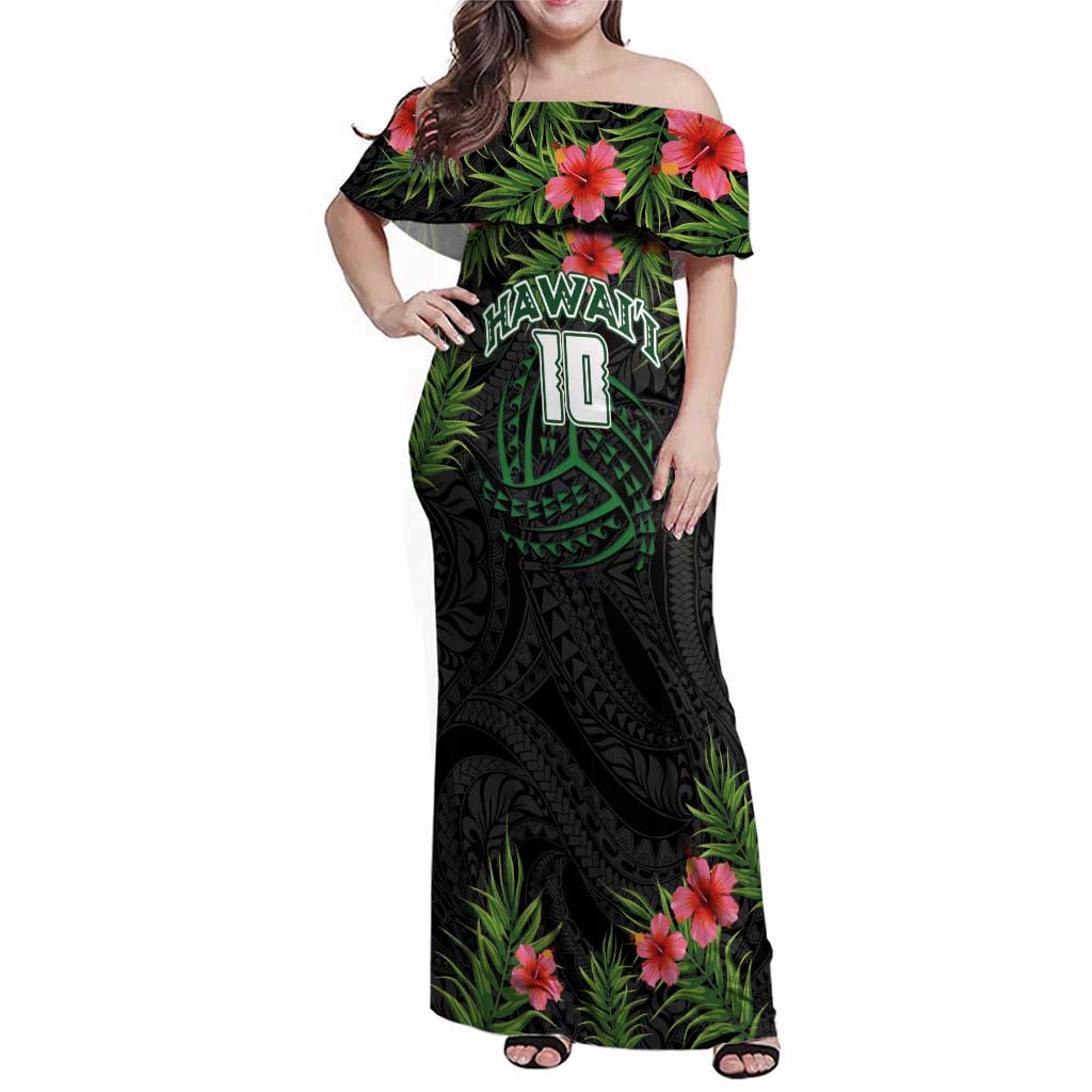 Custom Hawaii Volleyball Family Matching Off Shoulder Maxi Dress and Hawaiian Shirt Kakau Abstract and Tropical Plants Black Color LT03 Mom's Dress Black - Polynesian Pride