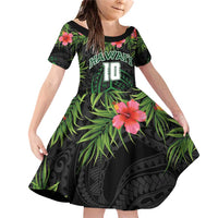 Custom Hawaii Volleyball Family Matching Off Shoulder Short Dress and Hawaiian Shirt Kakau Abstract and Tropical Plants Black Color LT03 Daughter's Dress Black - Polynesian Pride