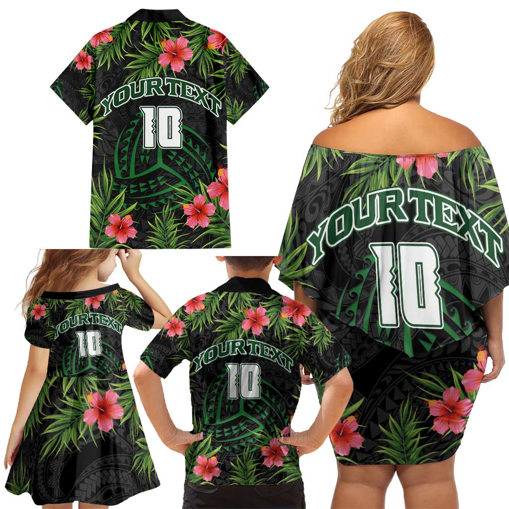 Custom Hawaii Volleyball Family Matching Off Shoulder Short Dress and Hawaiian Shirt Kakau Abstract and Tropical Plants Black Color LT03 - Polynesian Pride