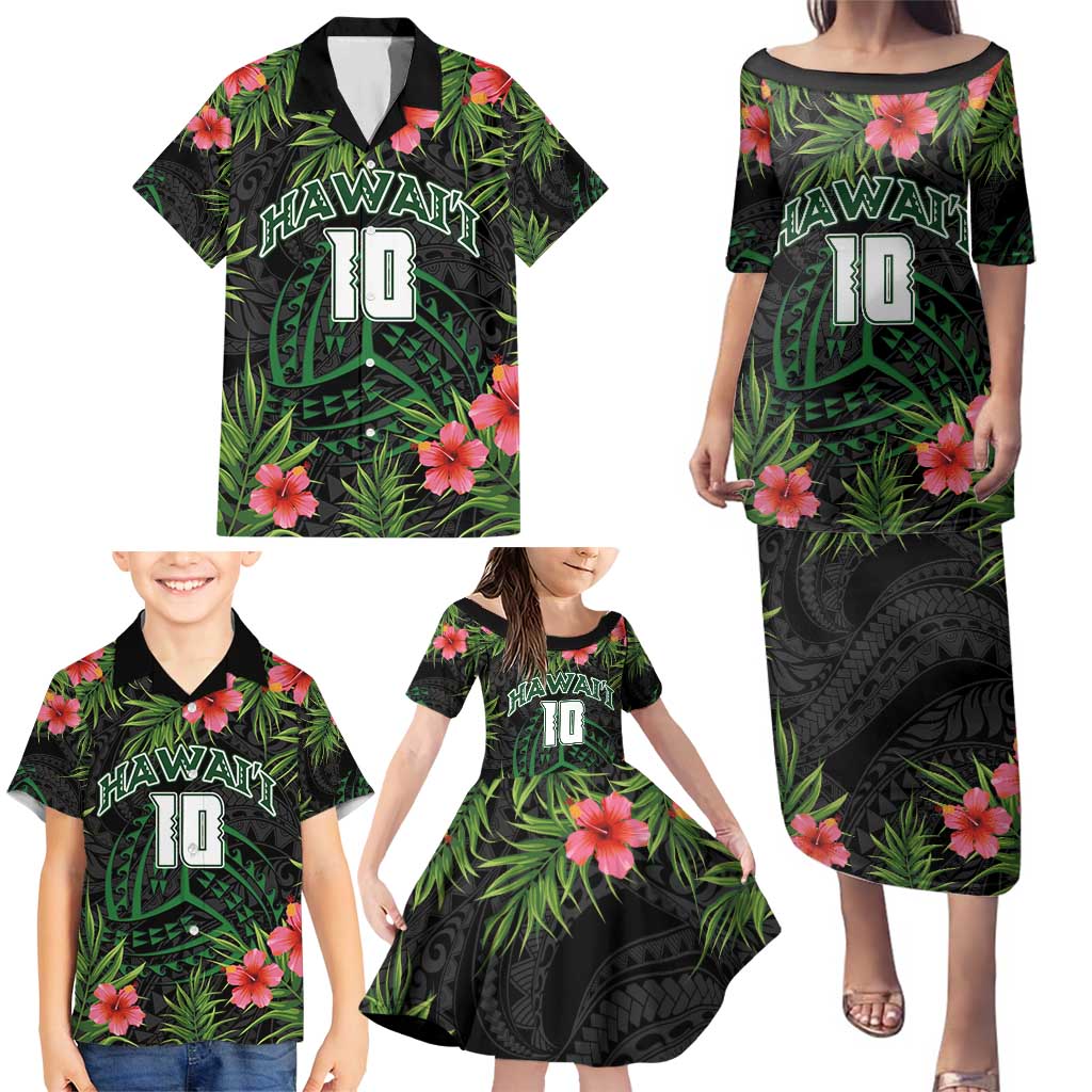 Custom Hawaii Volleyball Family Matching Puletasi and Hawaiian Shirt Kakau Abstract and Tropical Plants Black Color LT03 - Polynesian Pride