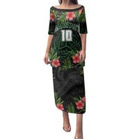 Custom Hawaii Volleyball Family Matching Puletasi and Hawaiian Shirt Kakau Abstract and Tropical Plants Black Color LT03 Mom's Dress Black - Polynesian Pride