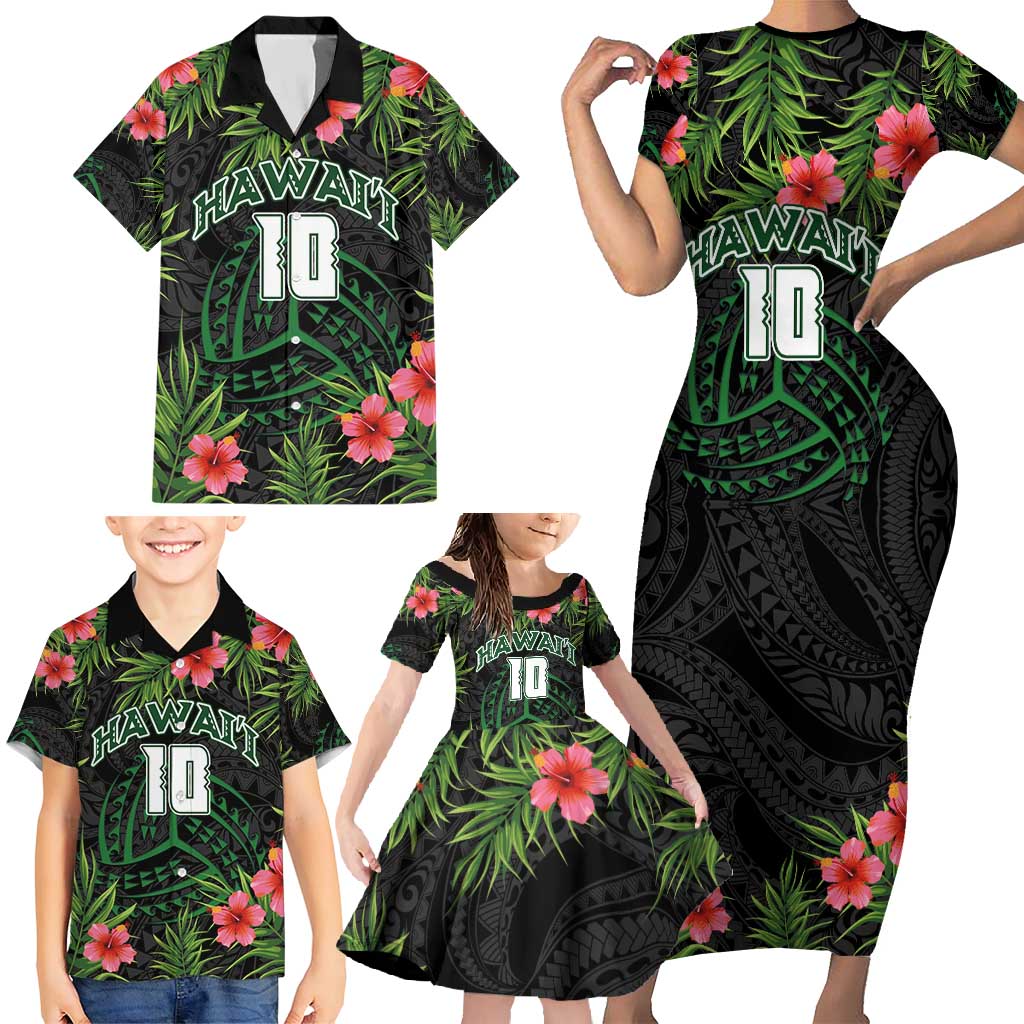 Custom Hawaii Volleyball Family Matching Short Sleeve Bodycon Dress and Hawaiian Shirt Kakau Abstract and Tropical Plants Black Color LT03 - Polynesian Pride