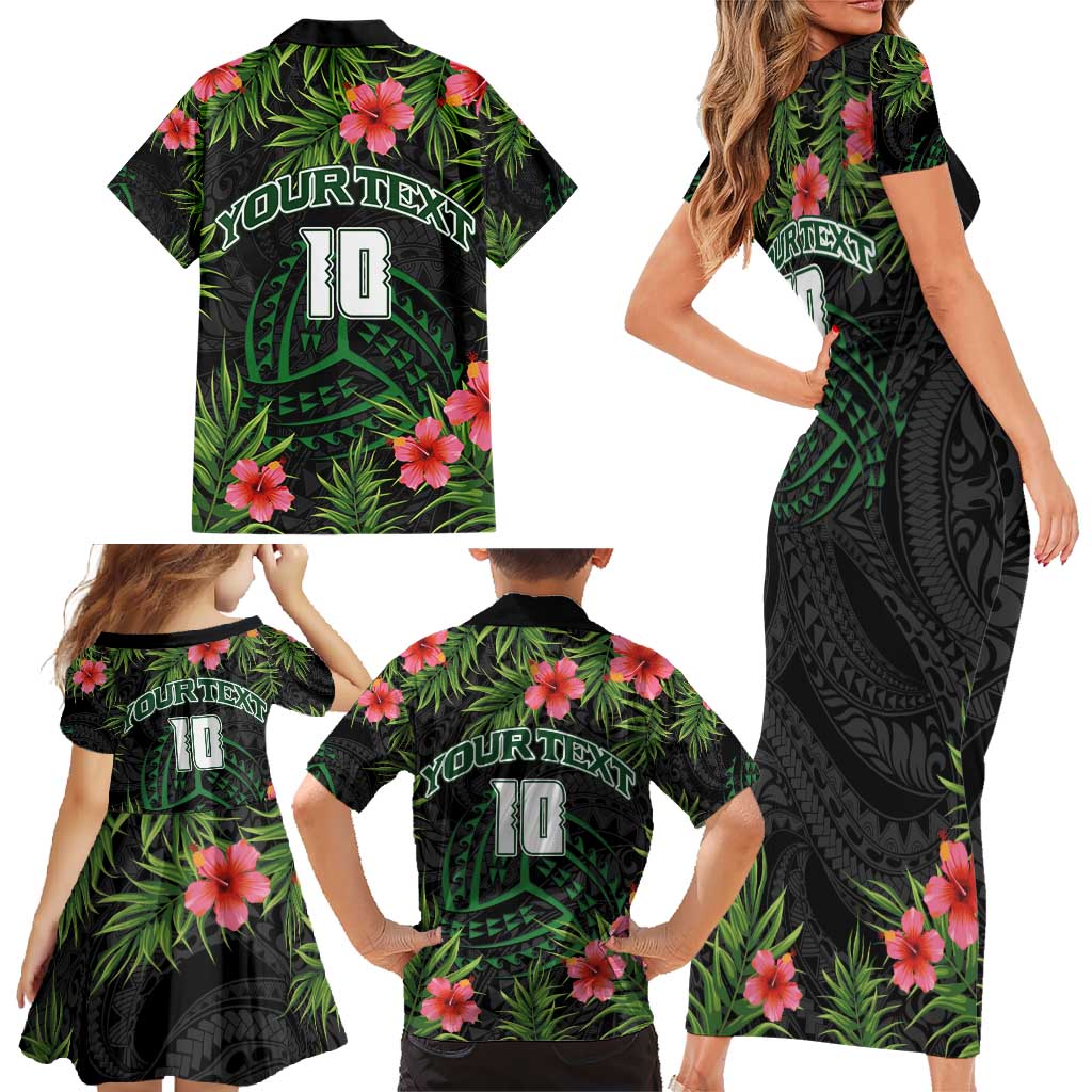 Custom Hawaii Volleyball Family Matching Short Sleeve Bodycon Dress and Hawaiian Shirt Kakau Abstract and Tropical Plants Black Color LT03 - Polynesian Pride