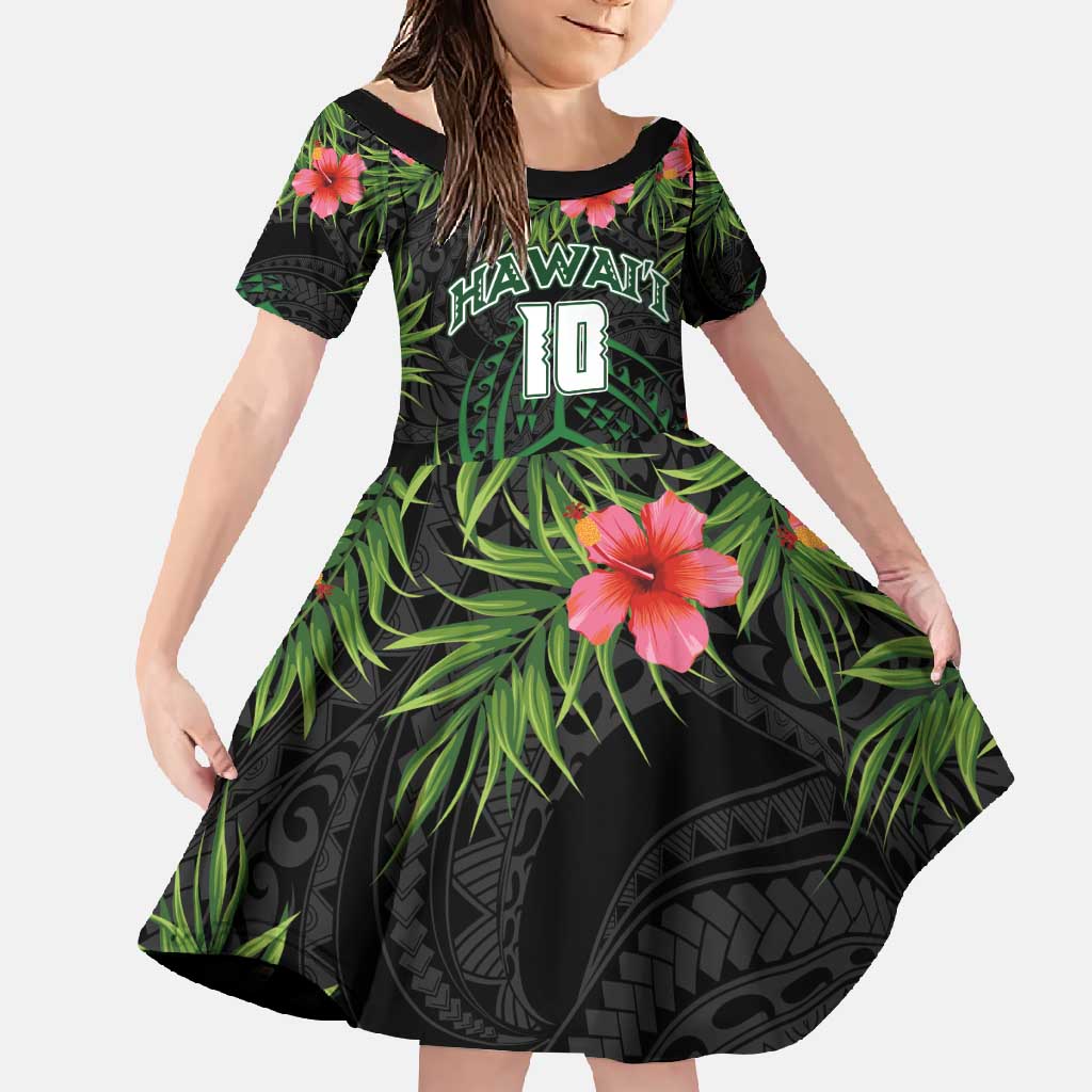 Custom Hawaii Volleyball Family Matching Tank Maxi Dress and Hawaiian Shirt Kakau Abstract and Tropical Plants Black Color LT03 Daughter's Dress Black - Polynesian Pride