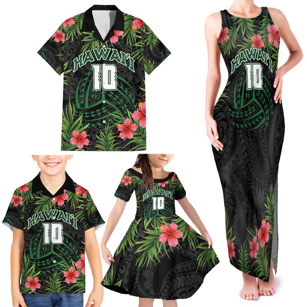 Custom Hawaii Volleyball Family Matching Tank Maxi Dress and Hawaiian Shirt Kakau Abstract and Tropical Plants Black Color LT03 - Polynesian Pride