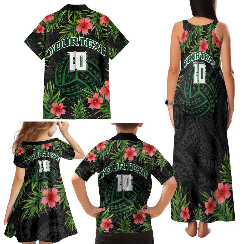 Custom Hawaii Volleyball Family Matching Tank Maxi Dress and Hawaiian Shirt Kakau Abstract and Tropical Plants Black Color LT03 - Polynesian Pride