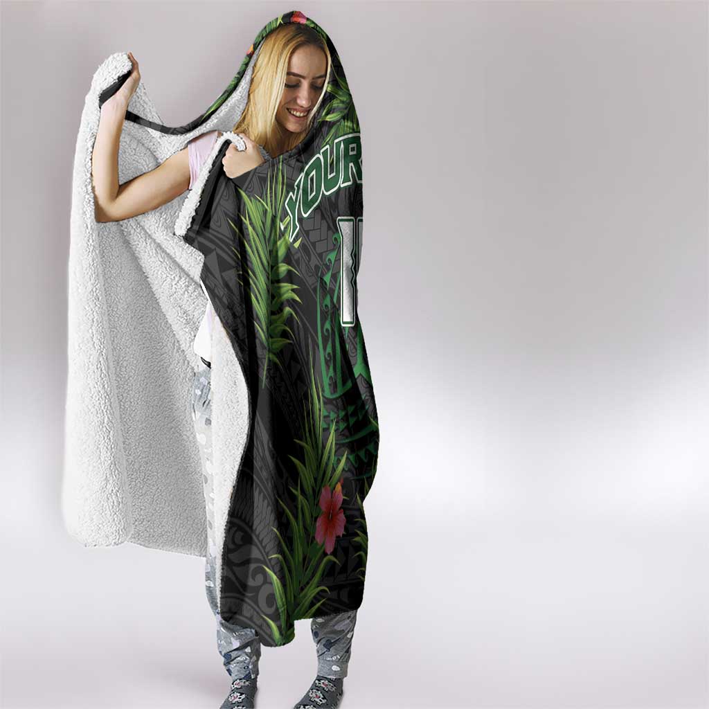 Custom Hawaii Volleyball Hooded Blanket Kakau Abstract and Tropical Plants Black Color - Polynesian Pride