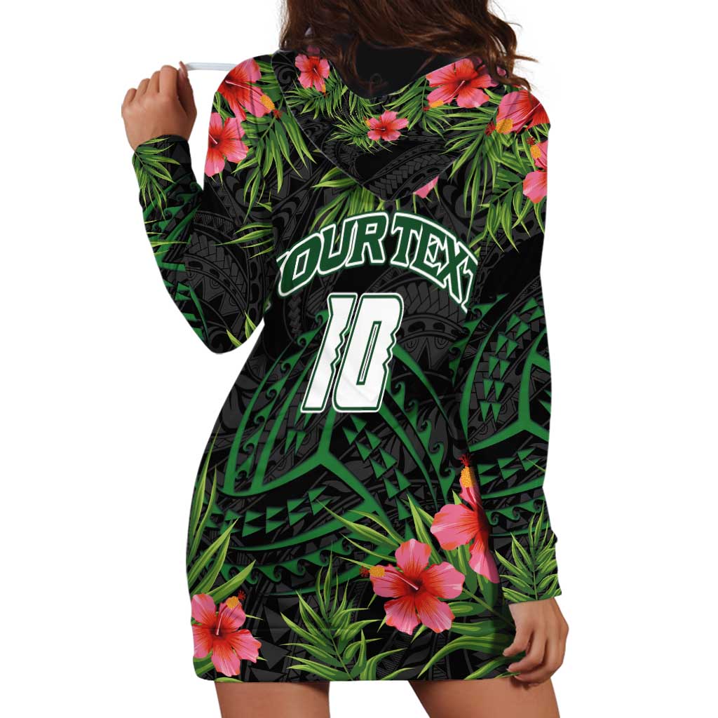 Custom Hawaii Volleyball Hoodie Dress Kakau Abstract and Tropical Plants Black Color LT03 - Polynesian Pride