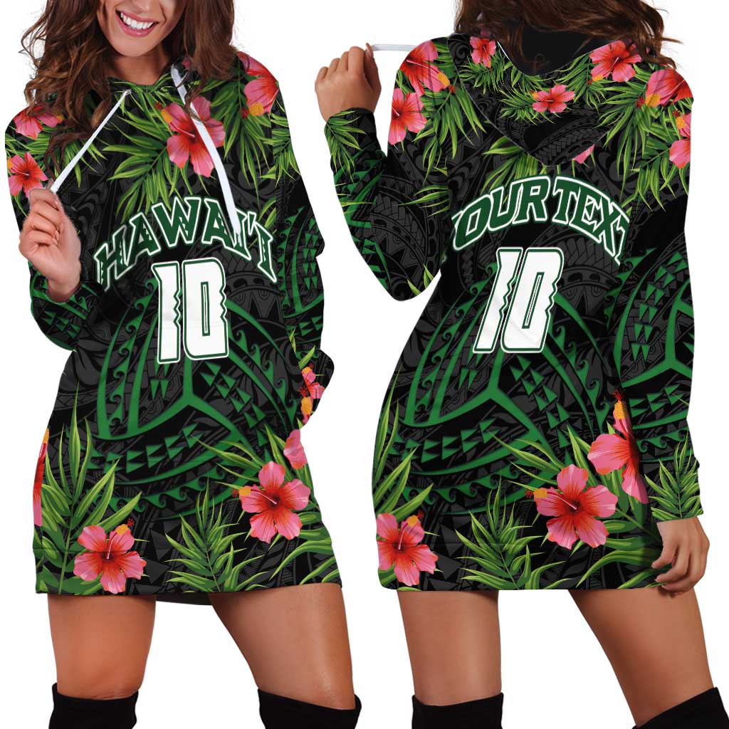 Custom Hawaii Volleyball Hoodie Dress Kakau Abstract and Tropical Plants Black Color LT03 - Polynesian Pride