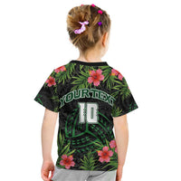Custom Hawaii Volleyball Kid T Shirt Kakau Abstract and Tropical Plants Black Color - Polynesian Pride