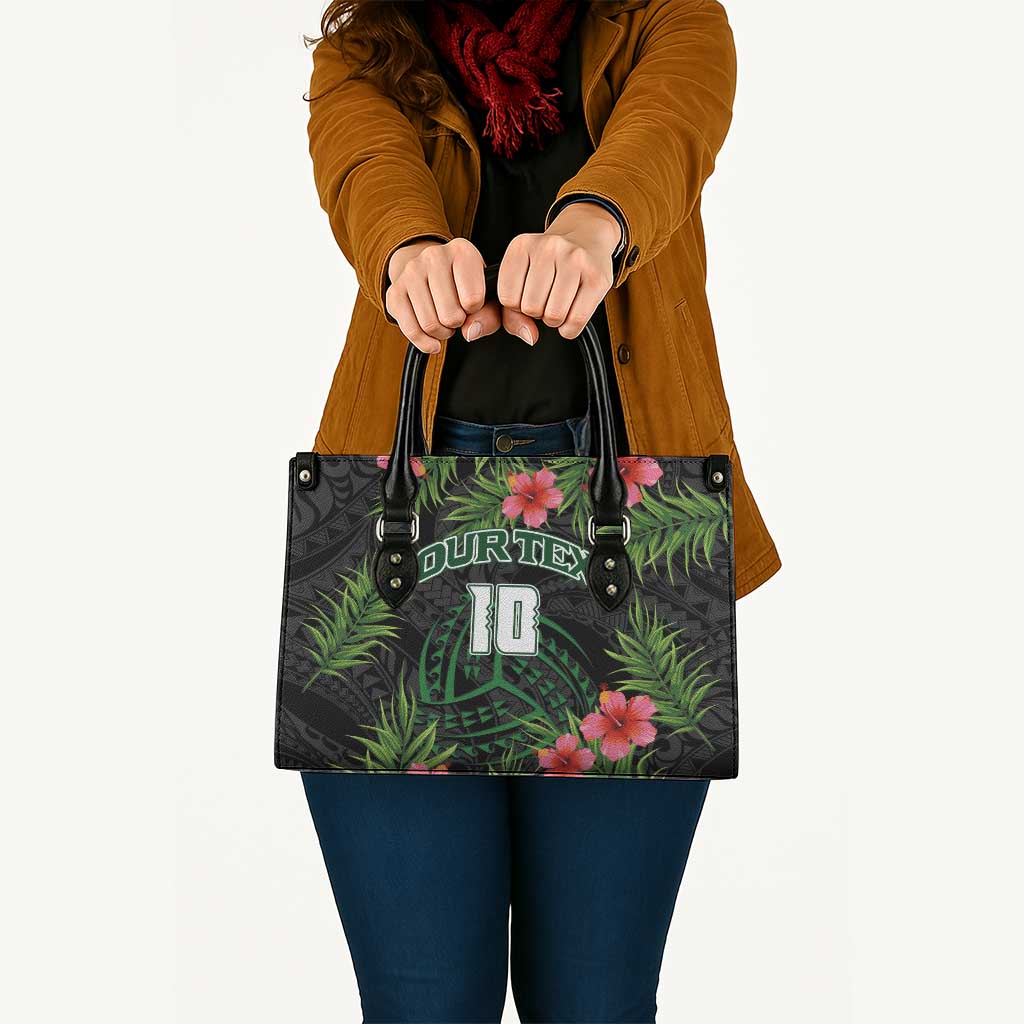 Custom Hawaii Volleyball Leather Bag Kakau Abstract and Tropical Plants Black Color - Polynesian Pride