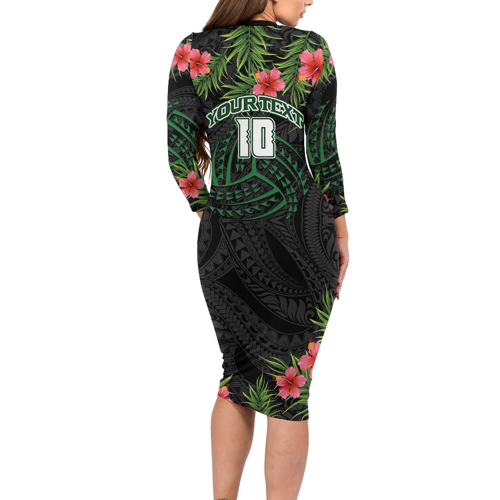 Custom Hawaii Volleyball Long Sleeve Bodycon Dress Kakau Abstract and Tropical Plants Black Color LT03 - Polynesian Pride