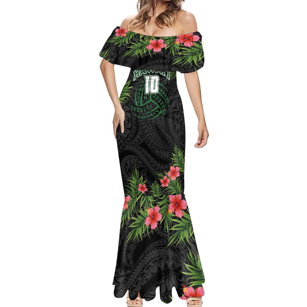 Custom Hawaii Volleyball Mermaid Dress Kakau Abstract and Tropical Plants Black Color - Polynesian Pride