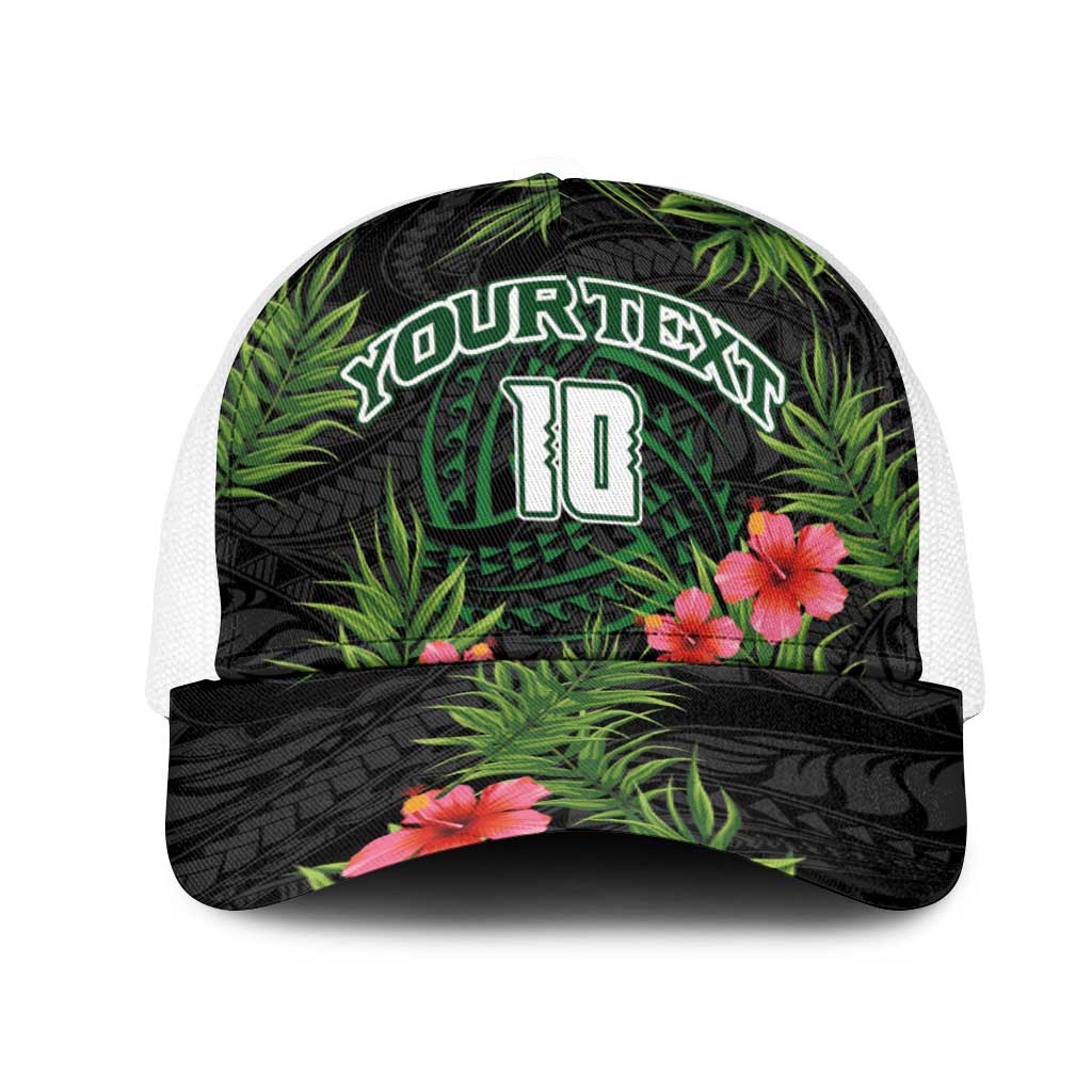 Custom Hawaii Volleyball Mesh Trucker Cap Kakau Abstract and Tropical Plants Black Color - Polynesian Pride