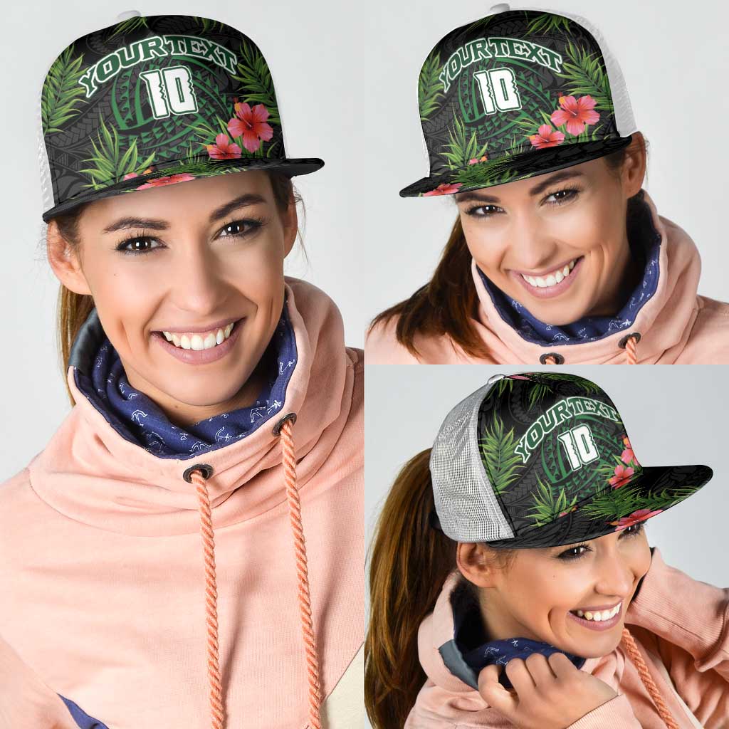 Custom Hawaii Volleyball Mesh Trucker Cap Kakau Abstract and Tropical Plants Black Color - Polynesian Pride