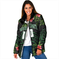Custom Hawaii Volleyball Padded Jacket Kakau Abstract and Tropical Plants Black Color LT03 Women Black - Polynesian Pride