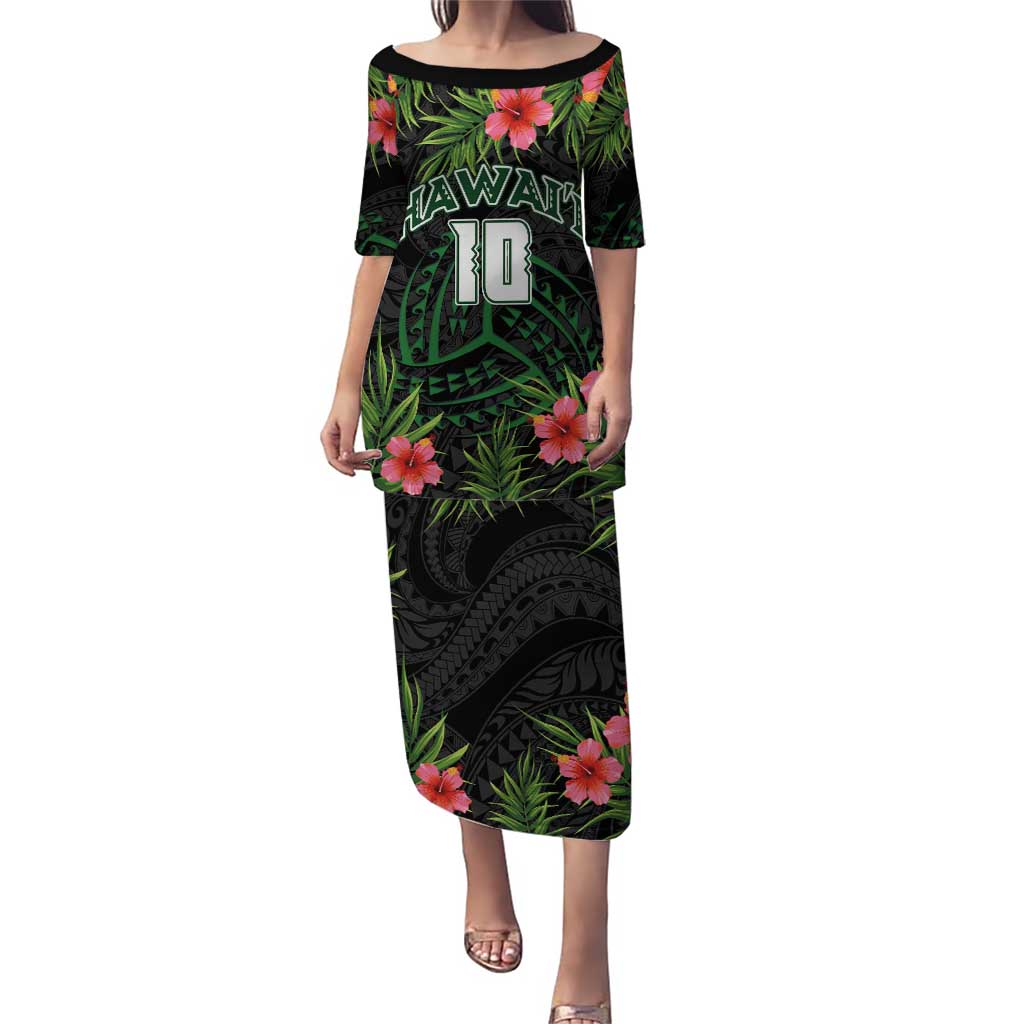 Custom Hawaii Volleyball Puletasi Kakau Abstract and Tropical Plants Black Color - Polynesian Pride