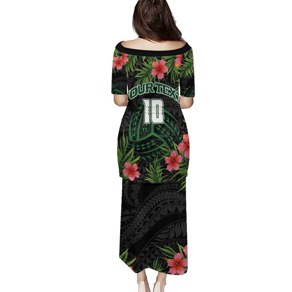 Custom Hawaii Volleyball Puletasi Kakau Abstract and Tropical Plants Black Color - Polynesian Pride