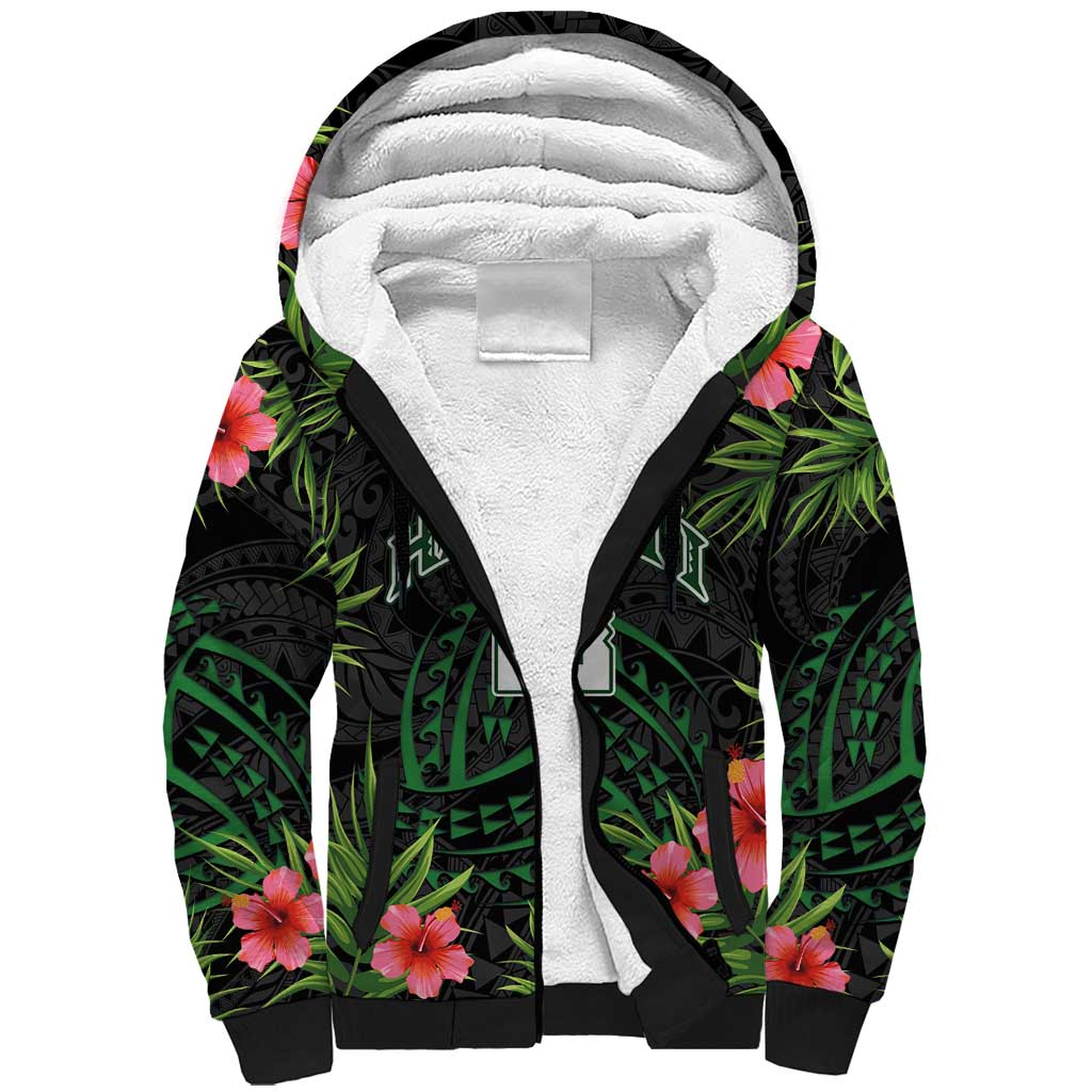 Custom Hawaii Volleyball Sherpa Hoodie Kakau Abstract and Tropical Plants Black Color LT03 Unisex Black - Polynesian Pride