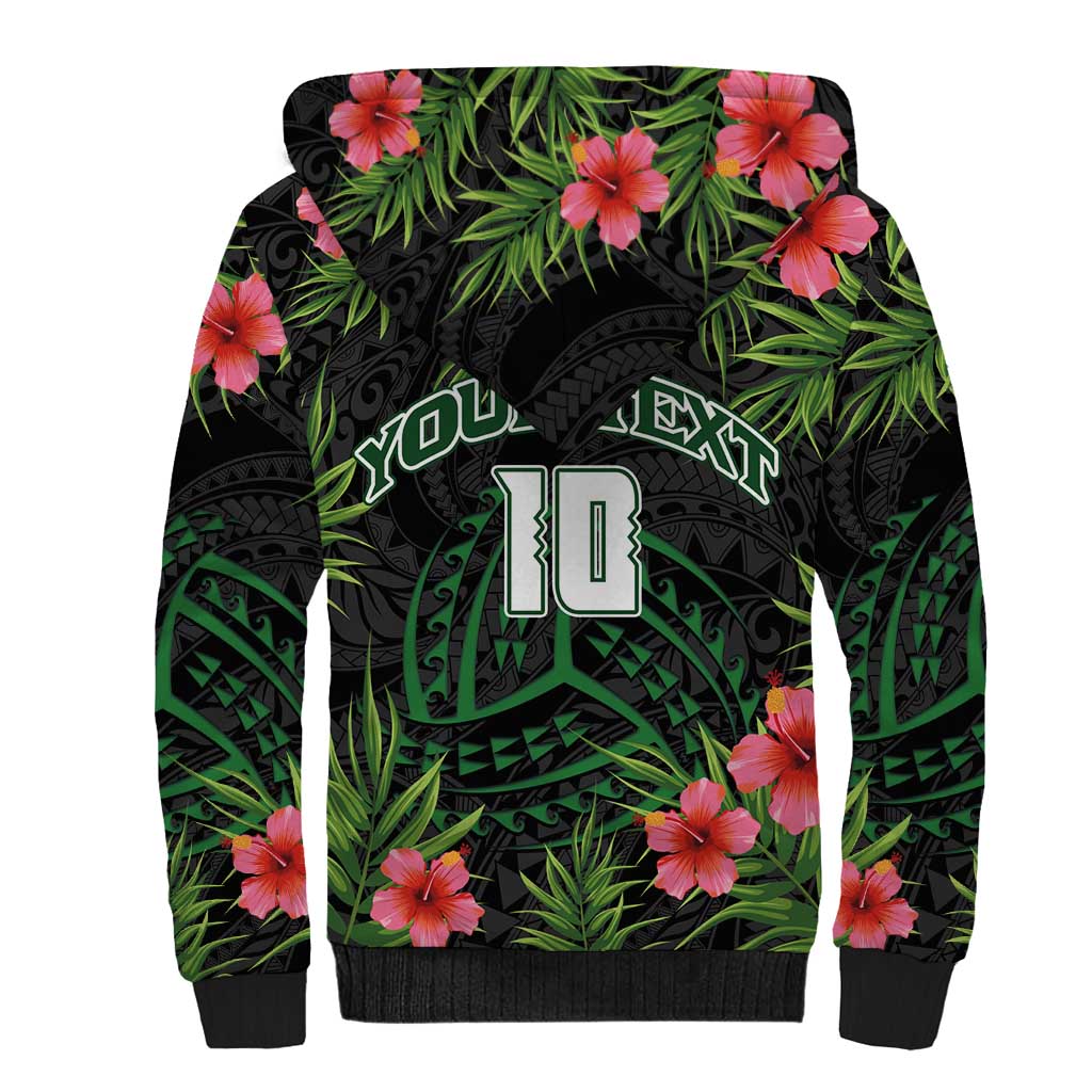 Custom Hawaii Volleyball Sherpa Hoodie Kakau Abstract and Tropical Plants Black Color LT03 - Polynesian Pride