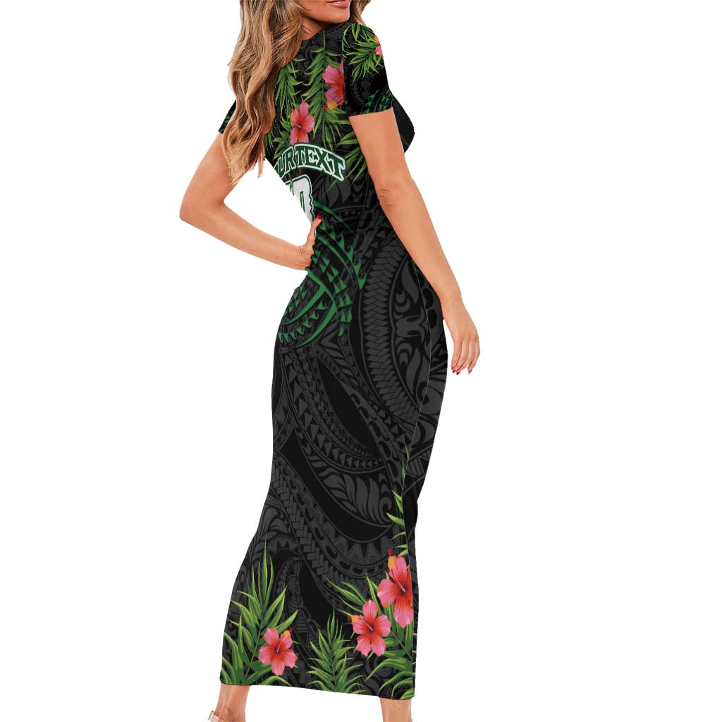 Custom Hawaii Volleyball Short Sleeve Bodycon Dress Kakau Abstract and Tropical Plants Black Color LT03 - Polynesian Pride