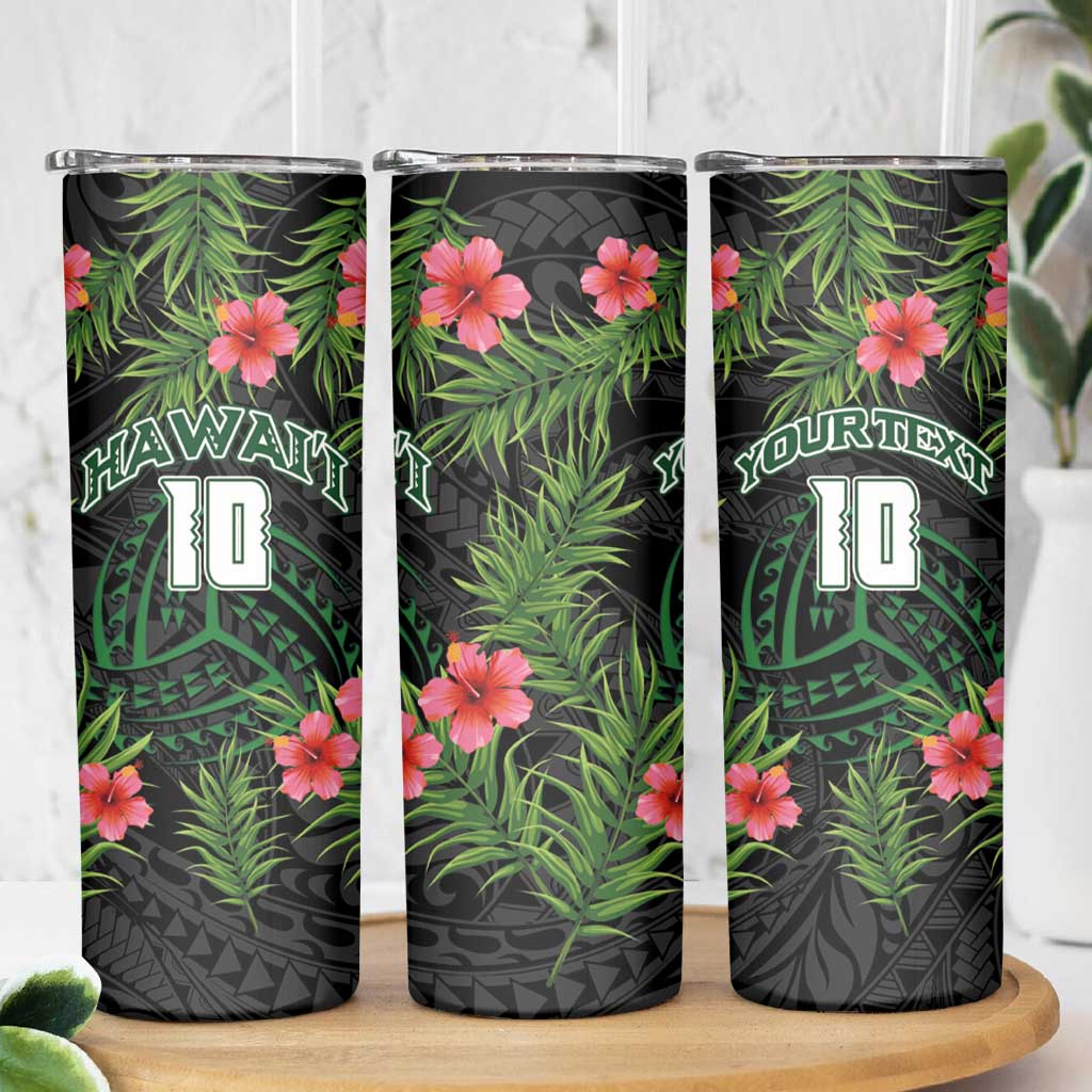 Custom Hawaii Volleyball Skinny Tumbler Kakau Abstract and Tropical Plants Black Color LT03 - Polynesian Pride