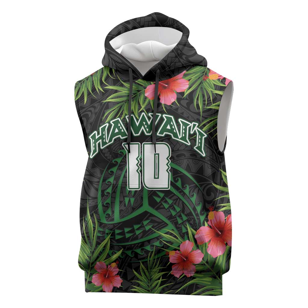 Custom Hawaii Volleyball Sleeveless Hoodie Kakau Abstract and Tropical Plants Black Color - Polynesian Pride