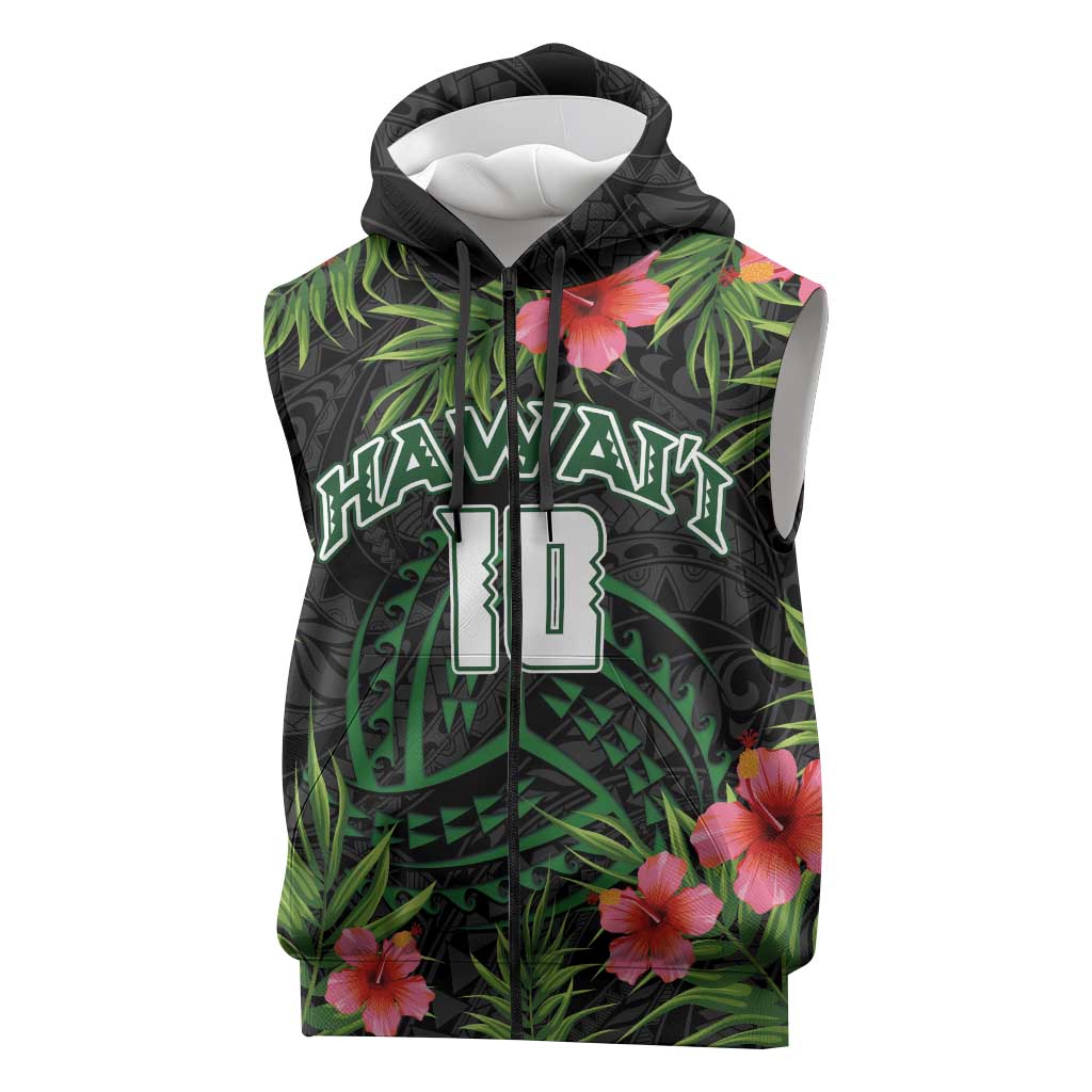 Custom Hawaii Volleyball Sleeveless Zip Hoodie Kakau Abstract and Tropical Plants Black Color LT03 Black - Polynesian Pride