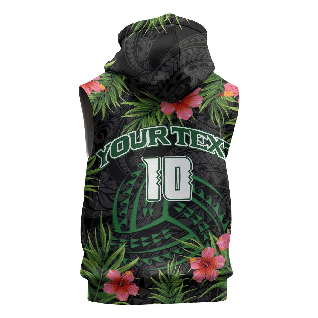 Custom Hawaii Volleyball Sleeveless Zip Hoodie Kakau Abstract and Tropical Plants Black Color LT03 - Polynesian Pride