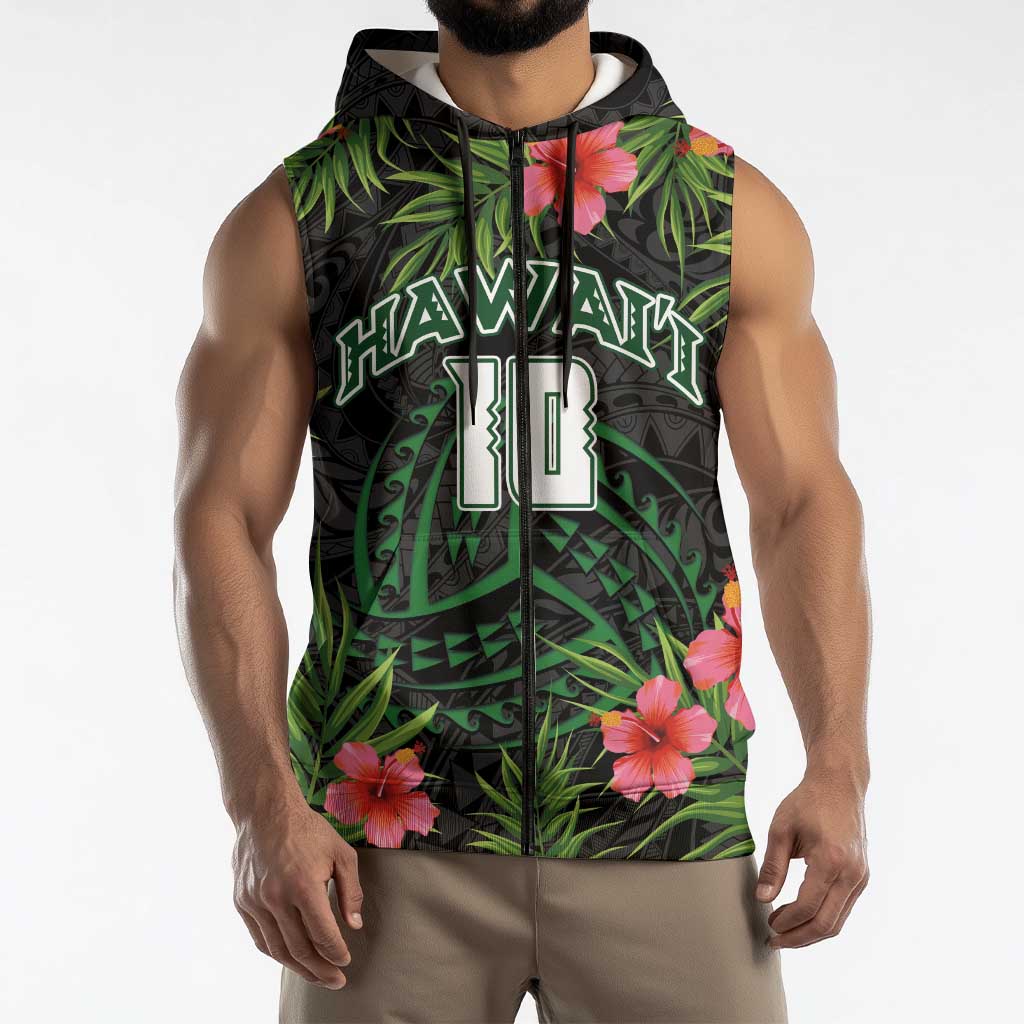 Custom Hawaii Volleyball Sleeveless Zip Hoodie Kakau Abstract and Tropical Plants Black Color LT03 - Polynesian Pride